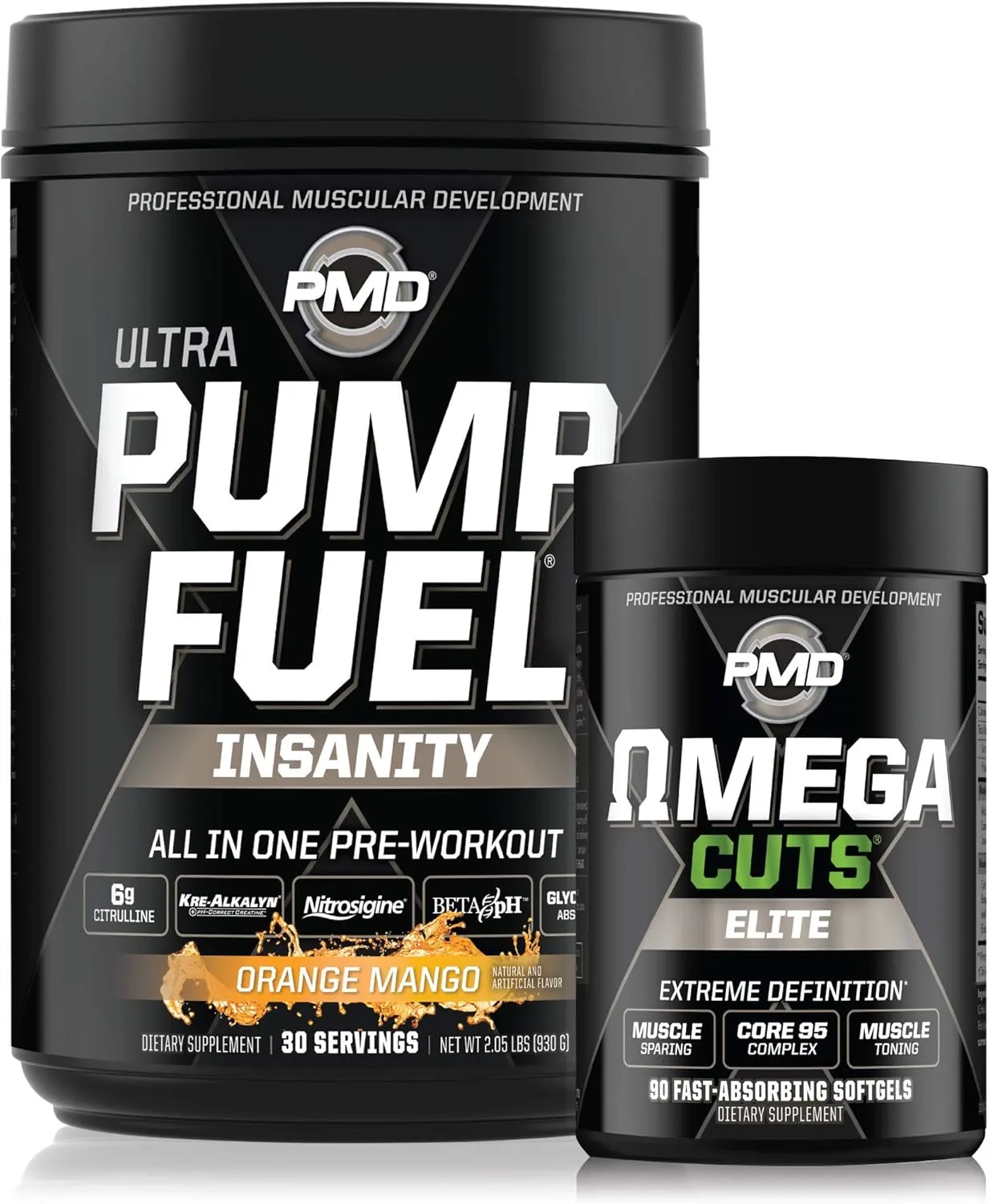 PMD Sports Sports Ultra Pump Fuel Insanity - Pre Workout - Tropical Orange Mango (30 Servings) Sports Omega Cuts Elite Thermogenic Fat Burner (90 Softgels)