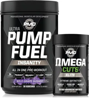 PMD Sports Ultra Pump Fuel Insanity - Pre Workout - Grape Gusher (30 Servings) Sports Omega Cuts Elite Thermogenic Fat Burner (90 Softgels)