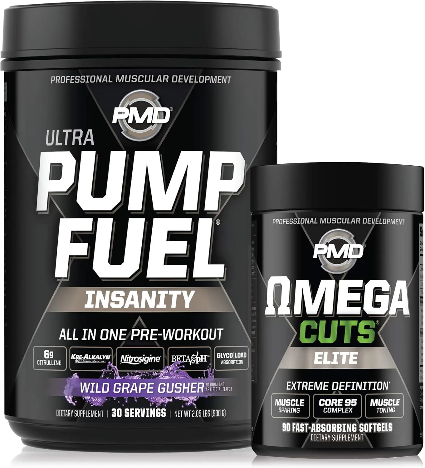 PMD Sports Ultra Pump Fuel Insanity - Pre Workout - Grape Gusher (30 Servings) Sports Omega Cuts Elite Thermogenic Fat Burner (90 Softgels)