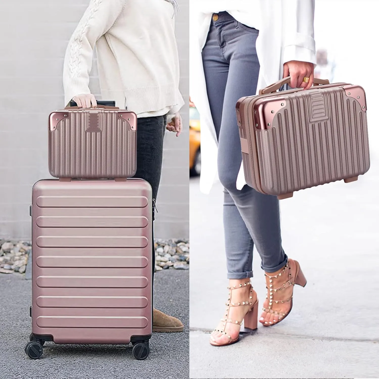 Portable Hard Shell Cosmetic Travel Case, Small Travel Hand Luggage with Elastic Band, Mini ABS Carrying Makeup Case Suitcase, Rose Gold