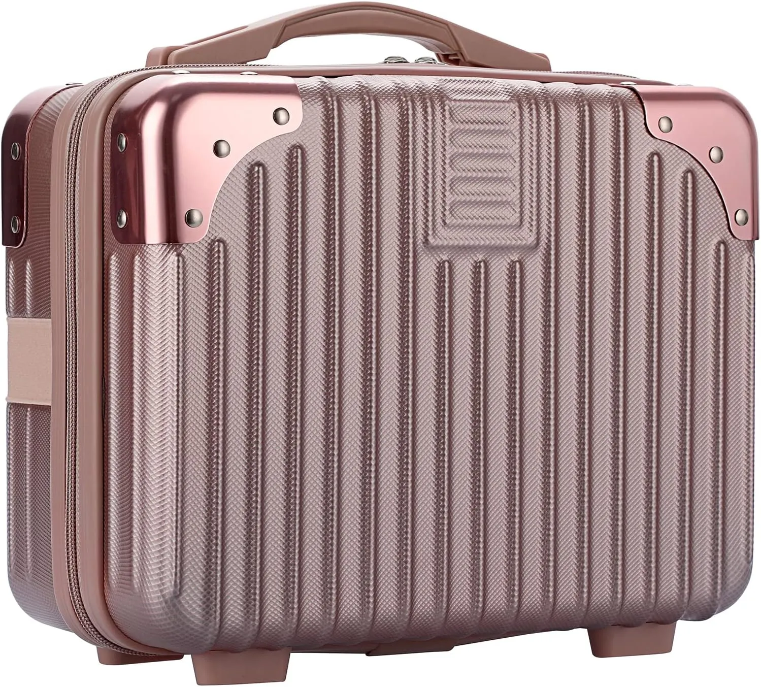 Portable Hard Shell Cosmetic Travel Case, Small Travel Hand Luggage with Elastic Band, Mini ABS Carrying Makeup Case Suitcase, Rose Gold