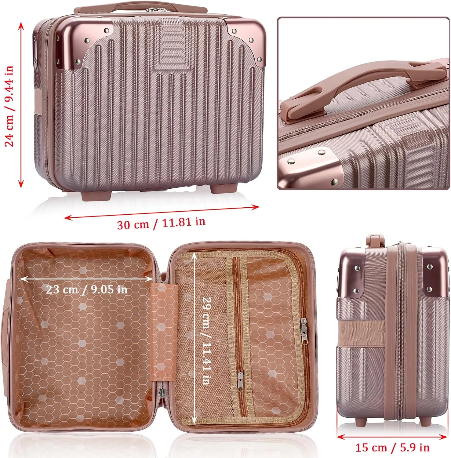 Portable Hard Shell Cosmetic Travel Case, Small Travel Hand Luggage with Elastic Band, Mini ABS Carrying Makeup Case Suitcase, Rose Gold