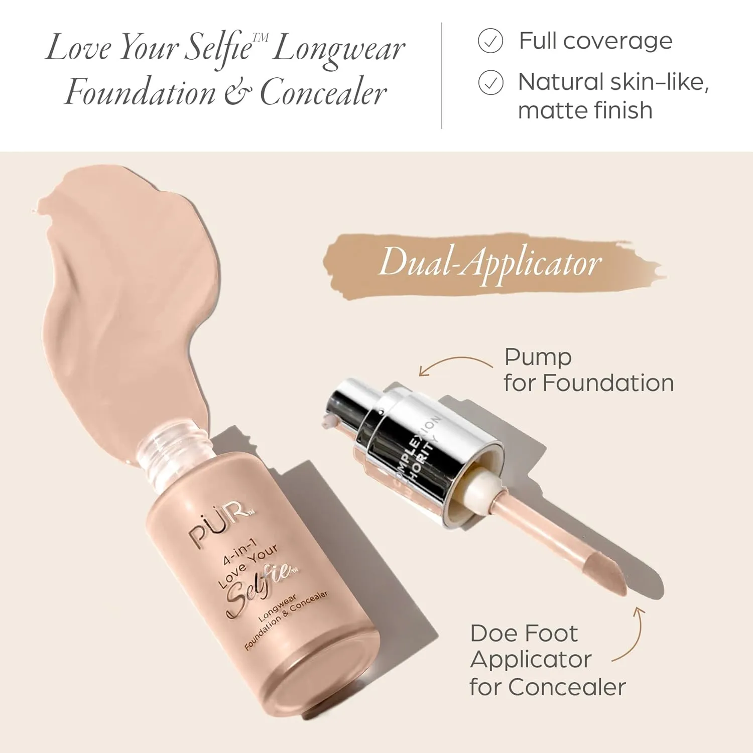 PUR Beauty 4-in-1 Love Your Selfie Foundation & Concealer - Longwear Full Coverage Liquid Makeup Foundation with Hydrating Blend for Refined-Looking, Natural Beauty Glow, Skin Texture & Tone