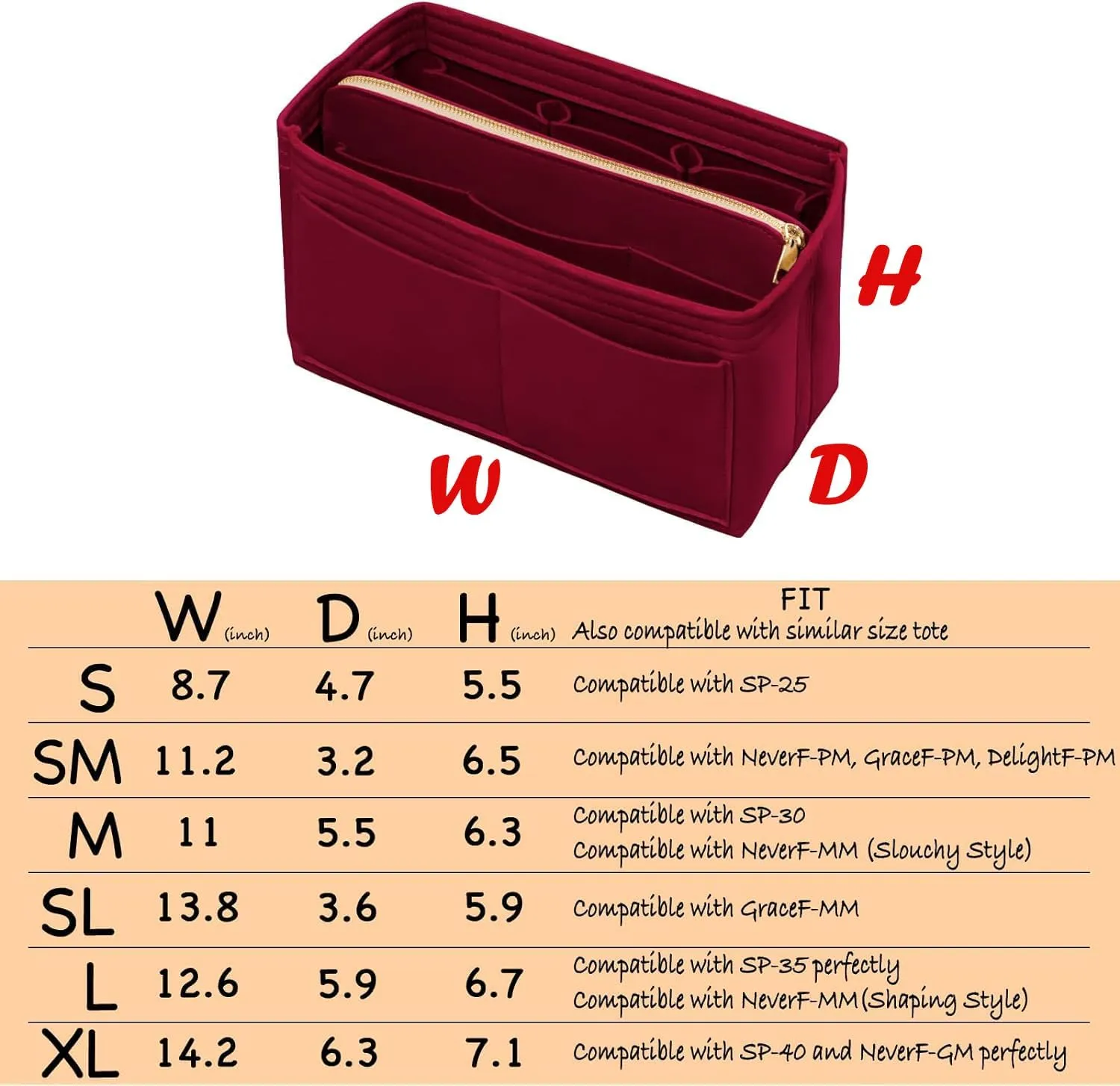 Purse Organizer Insert with Zipper Felt Bag Organizer Handbag Organizer Insert Bag in Bag Organizer with Key Chain for Tote Purse Bag Dark Red Large