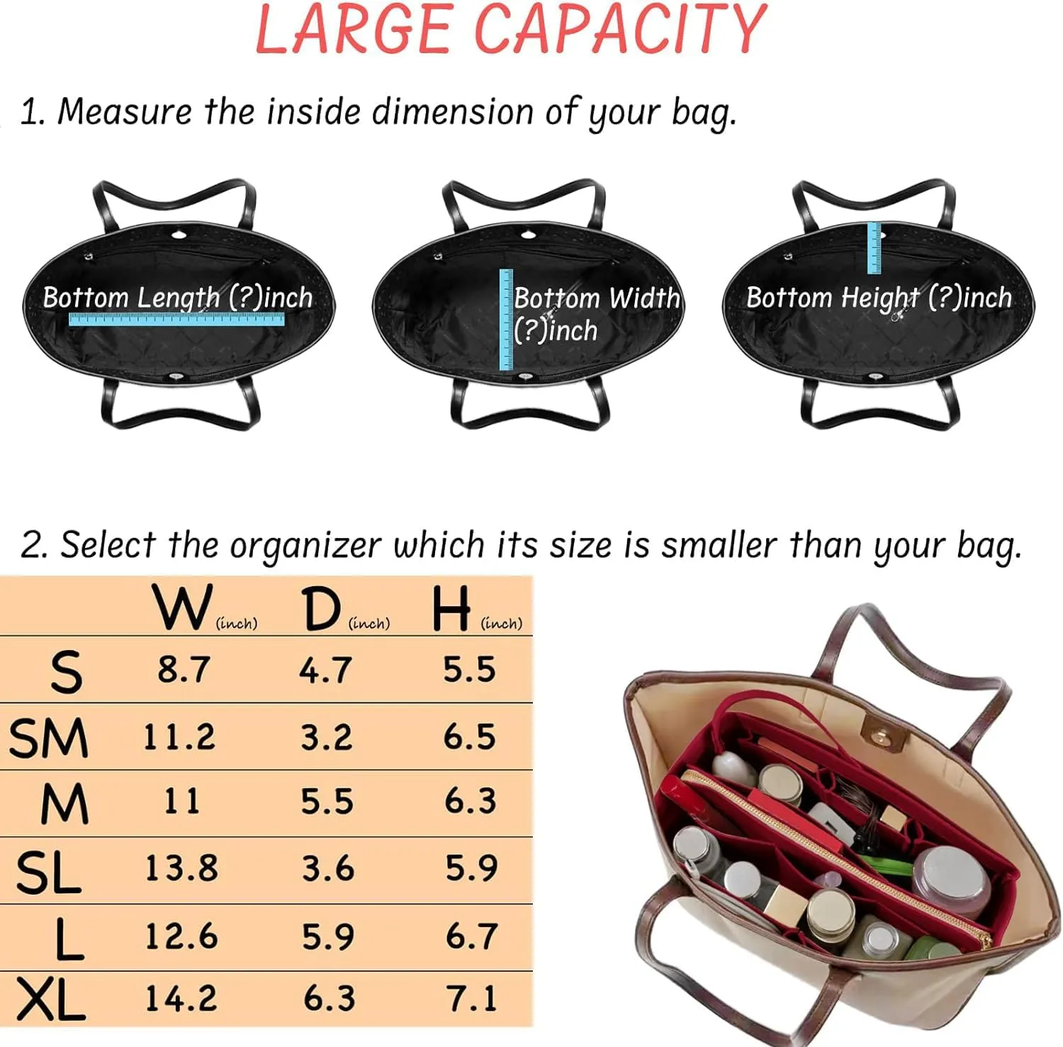 Purse Organizer Insert with Zipper Felt Bag Organizer Handbag Organizer Insert Bag in Bag Organizer with Key Chain for Tote Purse Bag Dark Red Large