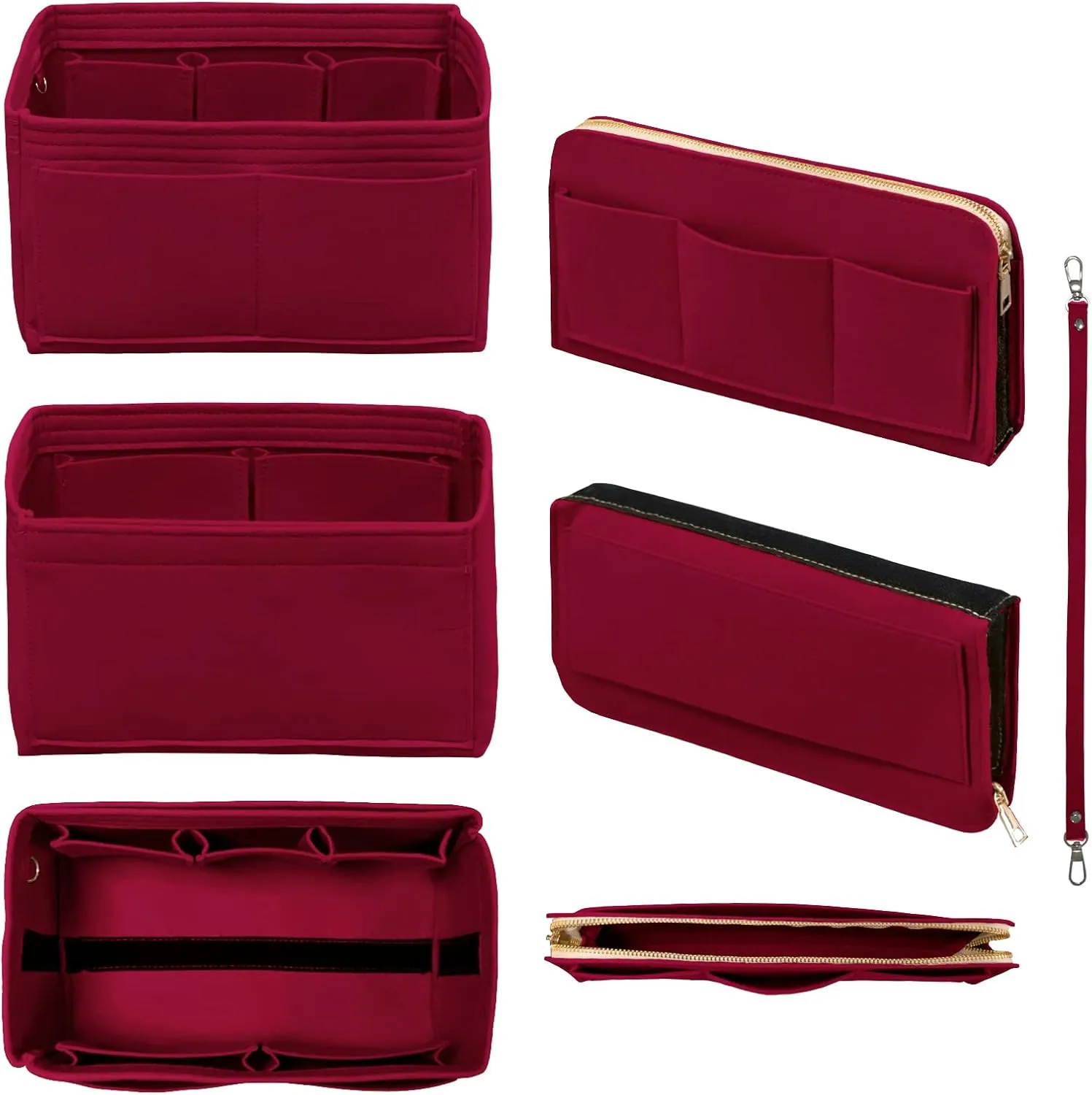 Purse Organizer Insert with Zipper Felt Bag Organizer Handbag Organizer Insert Bag in Bag Organizer with Key Chain for Tote Purse Bag Dark Red Large