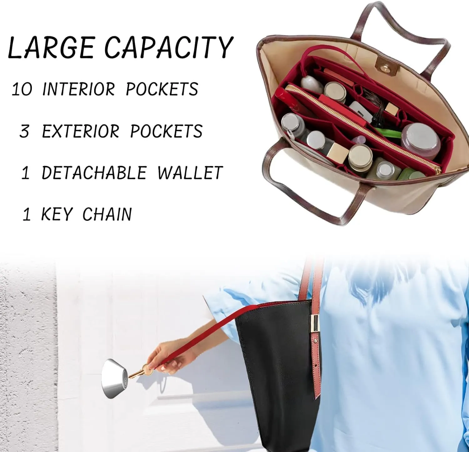 Purse Organizer Insert with Zipper Felt Bag Organizer Handbag Organizer Insert Bag in Bag Organizer with Key Chain for Tote Purse Bag Dark Red Large