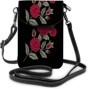 Red Rose Crossbody Cell Phone Purse Flower Floral Romantic Watercolor EmbroideryWallet Handbag