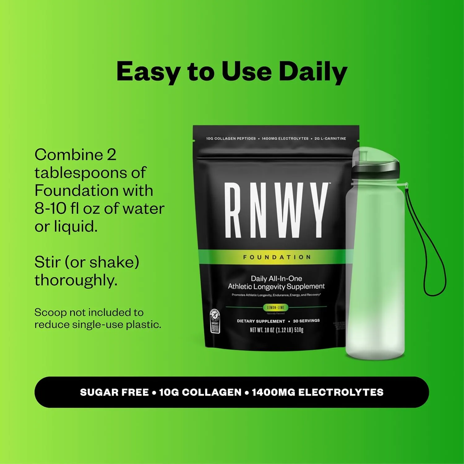RNWY Foundation 10g Collagen Peptides   Hydration Powder, Daily Joint Support with Electrolytes, Lemon Lime, Sugar Free, 30 Servings