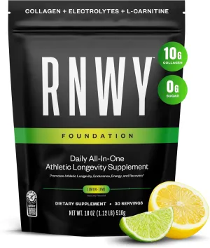 RNWY Foundation 10g Collagen Peptides   Hydration Powder, Daily Joint Support with Electrolytes, Lemon Lime, Sugar Free, 30 Servings
