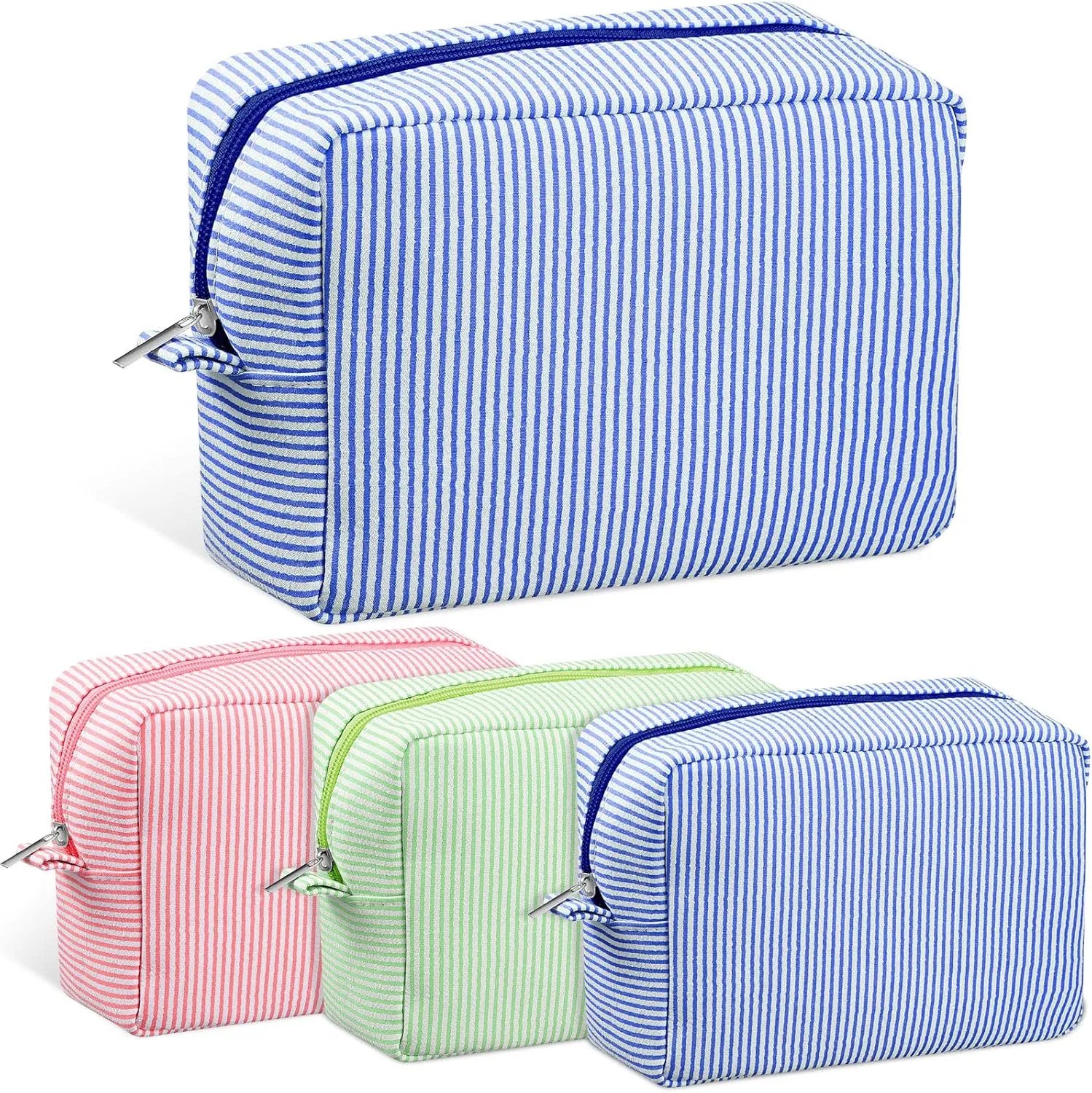 Sanwuta 3 Pcs Seersucker Cosmetic Bag Pinstripe Seersucker Makeup Bag Women Large Travel Toiletry Organizer Stripe Preppy Storage Pouch for Wedding Bridesmaid Graduation Gift(Pink, Blue, Green)