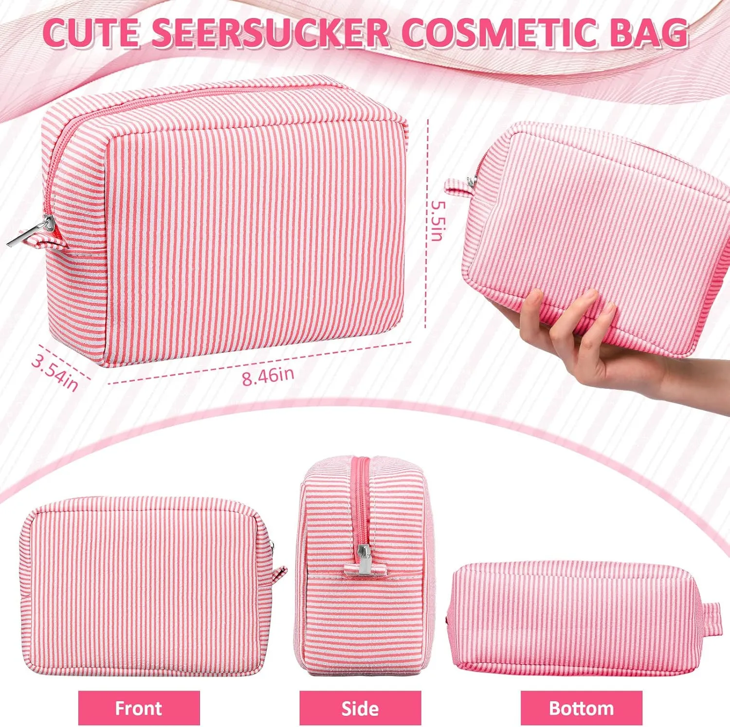 Sanwuta 3 Pcs Seersucker Cosmetic Bag Pinstripe Seersucker Makeup Bag Women Large Travel Toiletry Organizer Stripe Preppy Storage Pouch for Wedding Bridesmaid Graduation Gift(Pink, Blue, Green)
