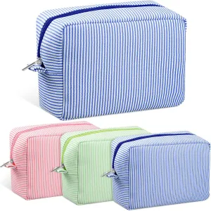 Sanwuta 3 Pcs Seersucker Cosmetic Bag Pinstripe Seersucker Makeup Bag Women Large Travel Toiletry Organizer Stripe Preppy Storage Pouch for Wedding Bridesmaid Graduation Gift(Pink, Blue, Green)