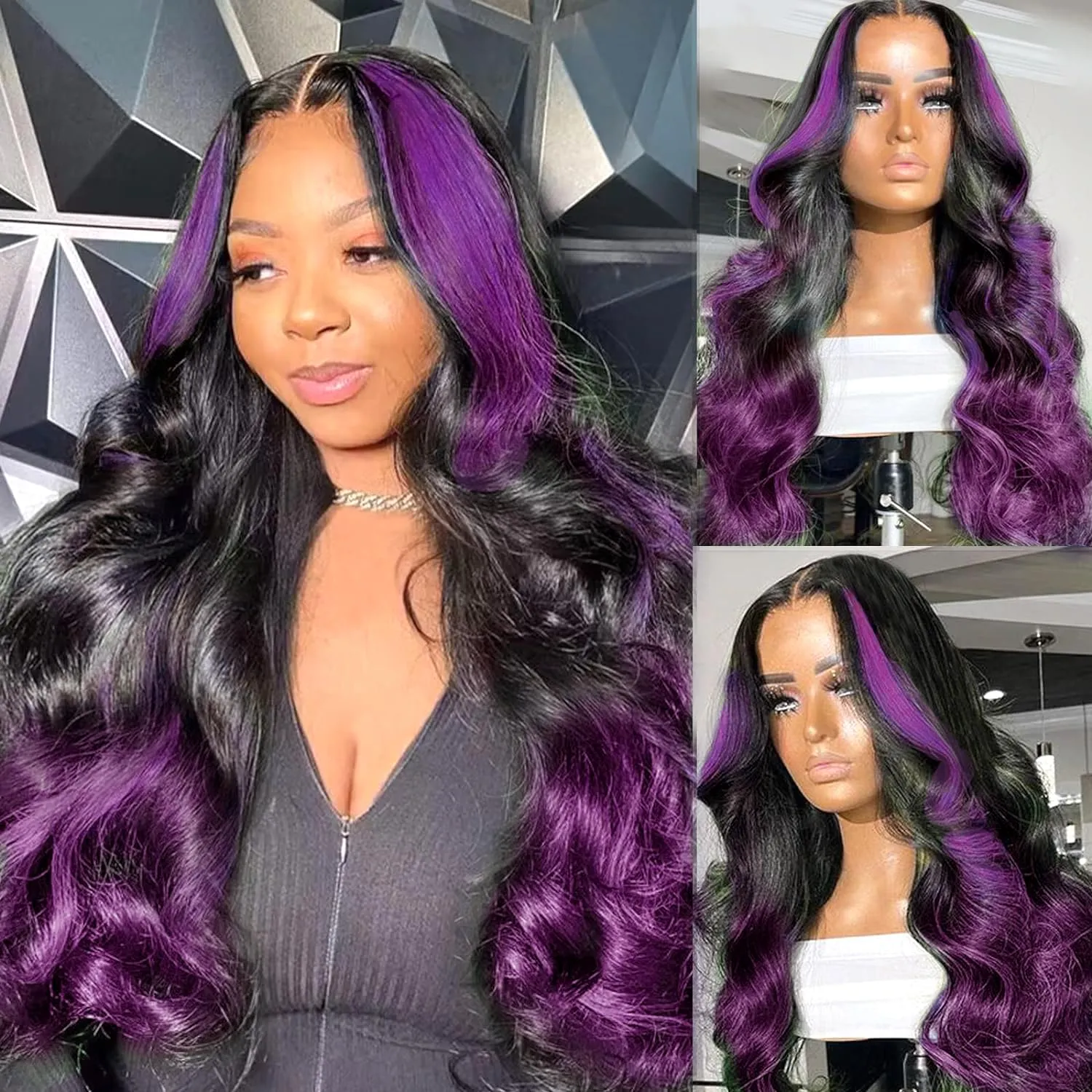Skunk Stripe Wigs Human Hair Lace Front Purple Highlights Wig Human Hair 13x4 HD Lace Front Wigs Dark Burgundy Highlight Body Wave Lace front Wig 150% Density Pre Plucked with Baby Hair 18 Inch
