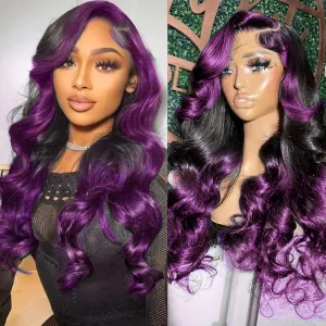 Skunk Stripe Wigs Human Hair Lace Front Purple Highlights Wig Human Hair 13x4 HD Lace Front Wigs Dark Burgundy Highlight Body Wave Lace front Wig 150% Density Pre Plucked with Baby Hair 18 Inch