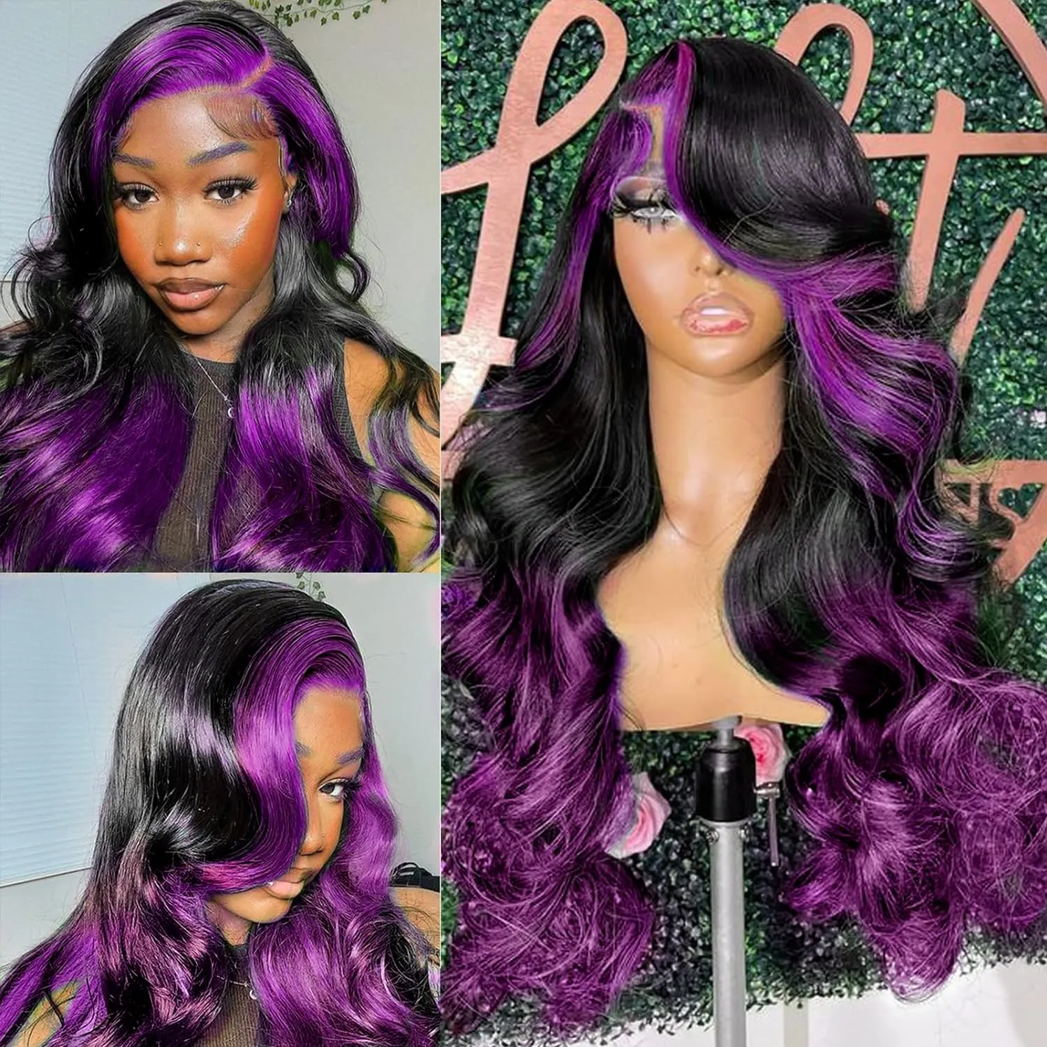 Skunk Stripe Wigs Human Hair Lace Front Purple Highlights Wig Human Hair 13x4 HD Lace Front Wigs Dark Burgundy Highlight Body Wave Lace front Wig 150% Density Pre Plucked with Baby Hair 18 Inch