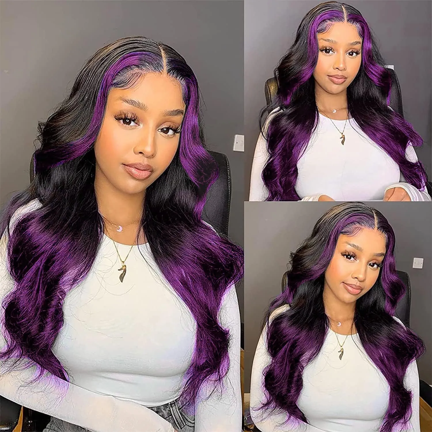 Skunk Stripe Wigs Human Hair Lace Front Purple Highlights Wig Human Hair 13x4 HD Lace Front Wigs Dark Burgundy Highlight Body Wave Lace front Wig 150% Density Pre Plucked with Baby Hair 18 Inch