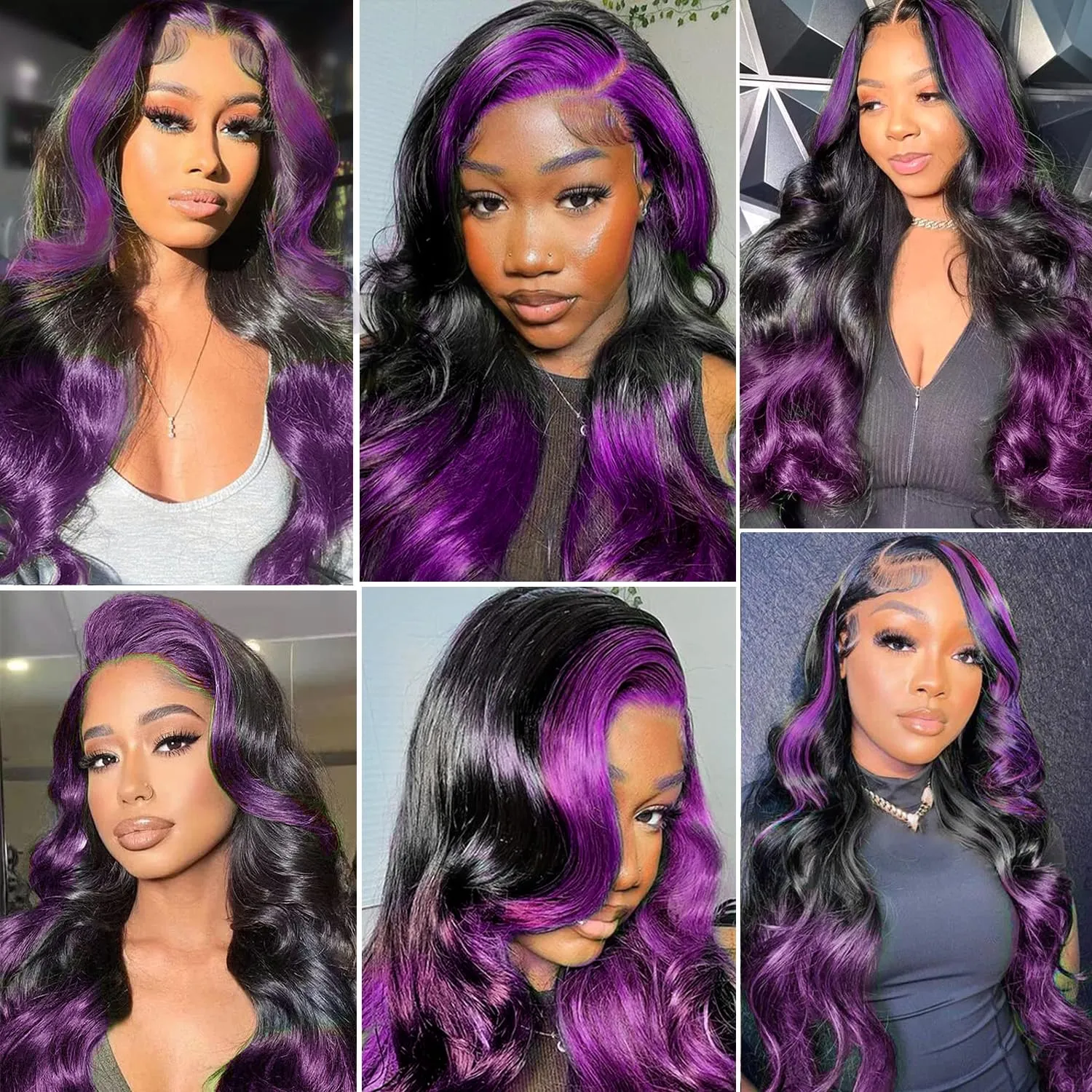 Skunk Stripe Wigs Human Hair Lace Front Purple Highlights Wig Human Hair 13x4 HD Lace Front Wigs Dark Burgundy Highlight Body Wave Lace front Wig 150% Density Pre Plucked with Baby Hair 18 Inch
