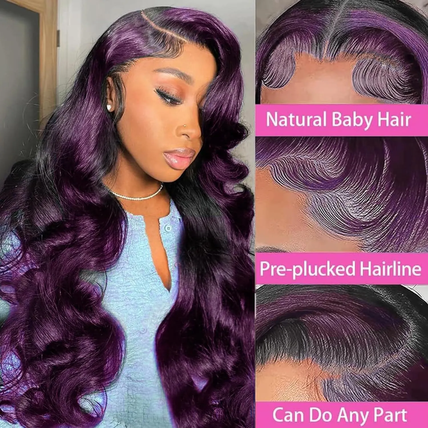 Skunk Stripe Wigs Human Hair Lace Front Purple Highlights Wig Human Hair 13x4 HD Lace Front Wigs Dark Burgundy Highlight Body Wave Lace front Wig 150% Density Pre Plucked with Baby Hair 18 Inch