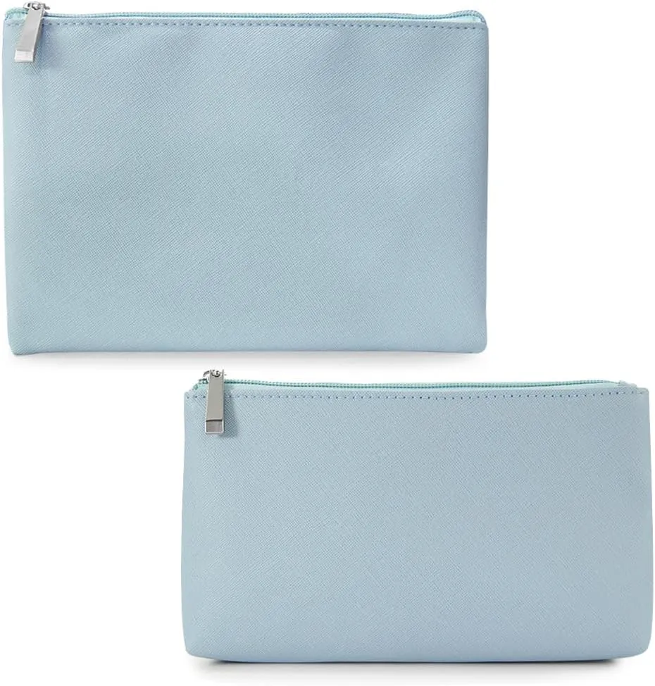 Small Makeup Bag for Travel, 2 Pcs Zipper Pouch for Purse, Waterproof Makeup Bag Organizer with Bottom, Blue