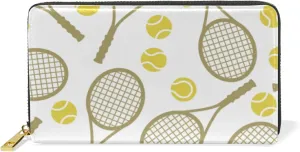 Sports Seamless Tennis Balls and Tennis Rackets on White Leather Long Wallet Organizer with Zipper Purse Clutch Bag for Women Men Key Card Coin Passport Checkbook