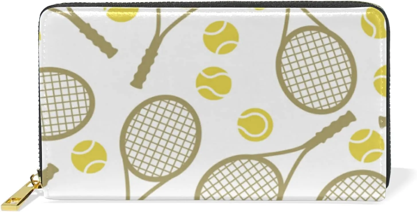 Sports Seamless Tennis Balls and Tennis Rackets on White Leather Long Wallet Organizer with Zipper Purse Clutch Bag for Women Men Key Card Coin Passport Checkbook