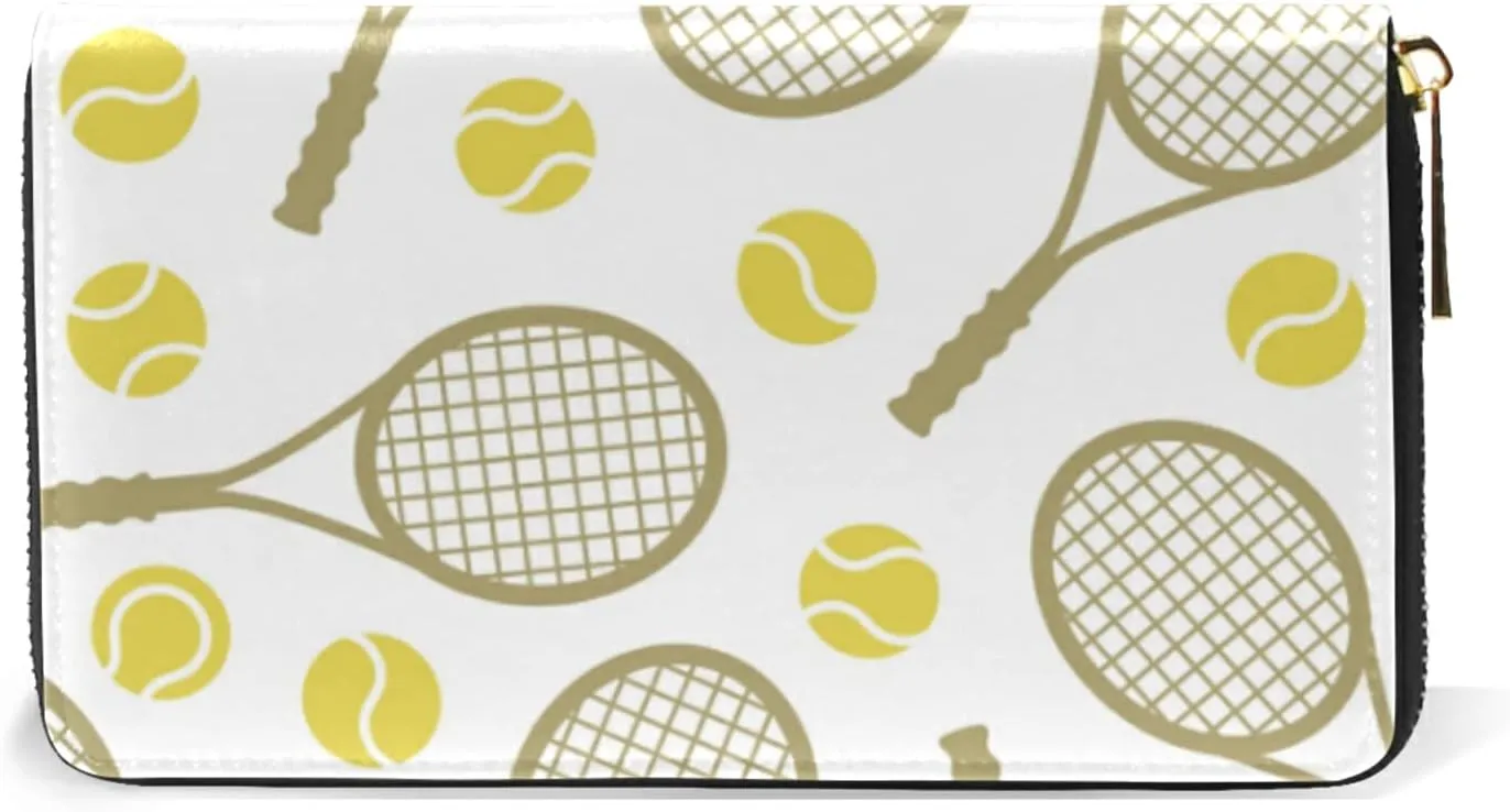 Sports Seamless Tennis Balls and Tennis Rackets on White Leather Long Wallet Organizer with Zipper Purse Clutch Bag for Women Men Key Card Coin Passport Checkbook