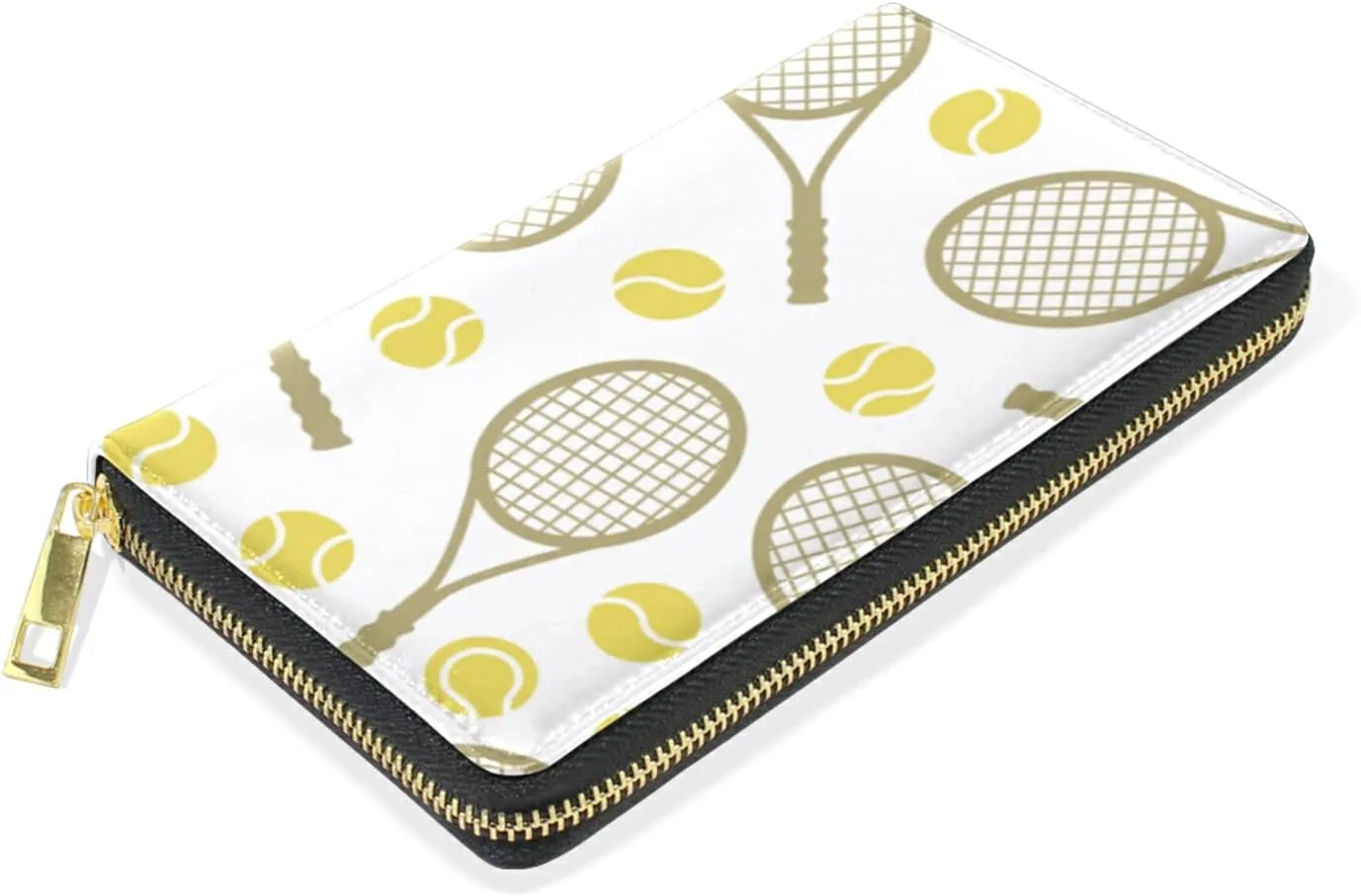 Sports Seamless Tennis Balls and Tennis Rackets on White Leather Long Wallet Organizer with Zipper Purse Clutch Bag for Women Men Key Card Coin Passport Checkbook