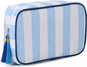 Stripe Makeup Bag Travel Cosmetic Bag Organizer Tassel Toiletry Bag Large Canvas Zipper Pouch and Accessories Storage Bag for Women (White with Blue)