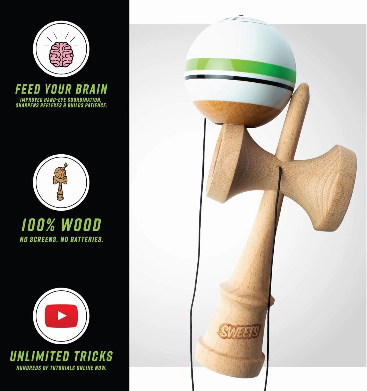 Sweets Kendamas Boost Sport Stripe Kendama - Sticky Paint, Improves Hand Eye Coordination, Reflexes, Stripe Design, Bonus String Accessory Gift Bundle (Home Team)