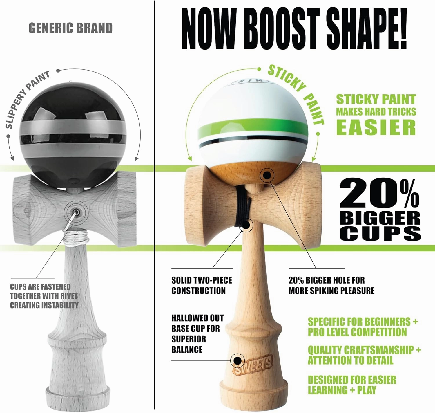Sweets Kendamas Boost Sport Stripe Kendama - Sticky Paint, Improves Hand Eye Coordination, Reflexes, Stripe Design, Bonus String Accessory Gift Bundle (Home Team)