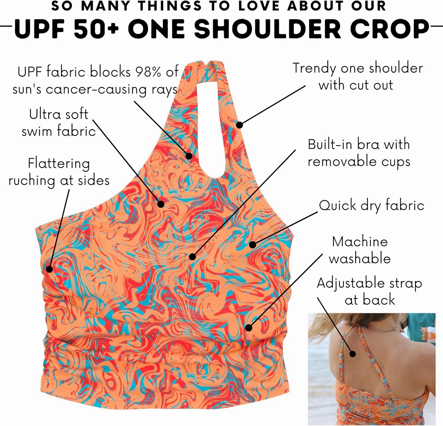 SwimZip Women's One Shoulder Crop Bikini Swim Top - UPF 50  Sun Protection