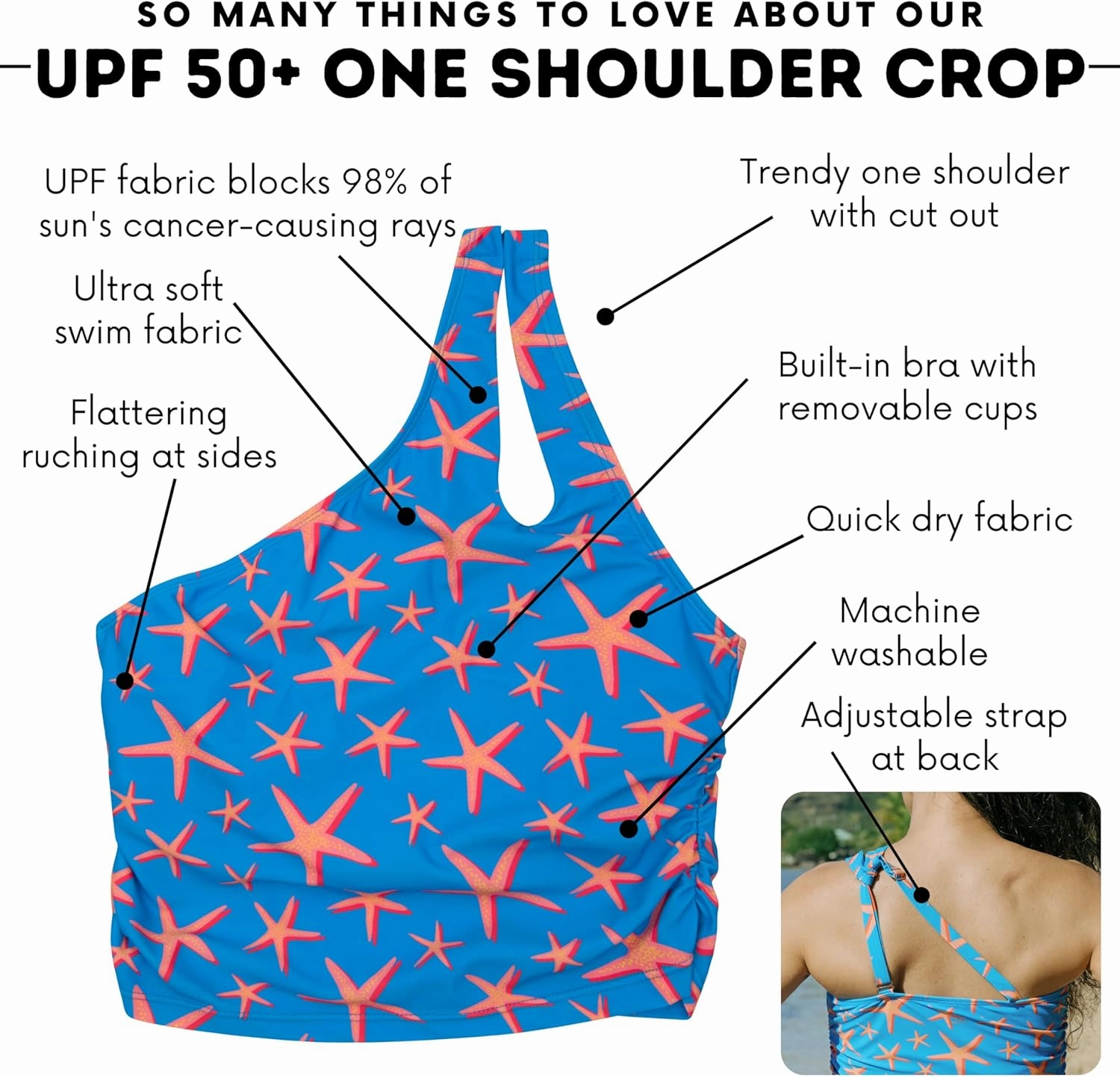 SwimZip Women's One Shoulder Crop Bikini Swim Top - UPF 50  Sun Protection