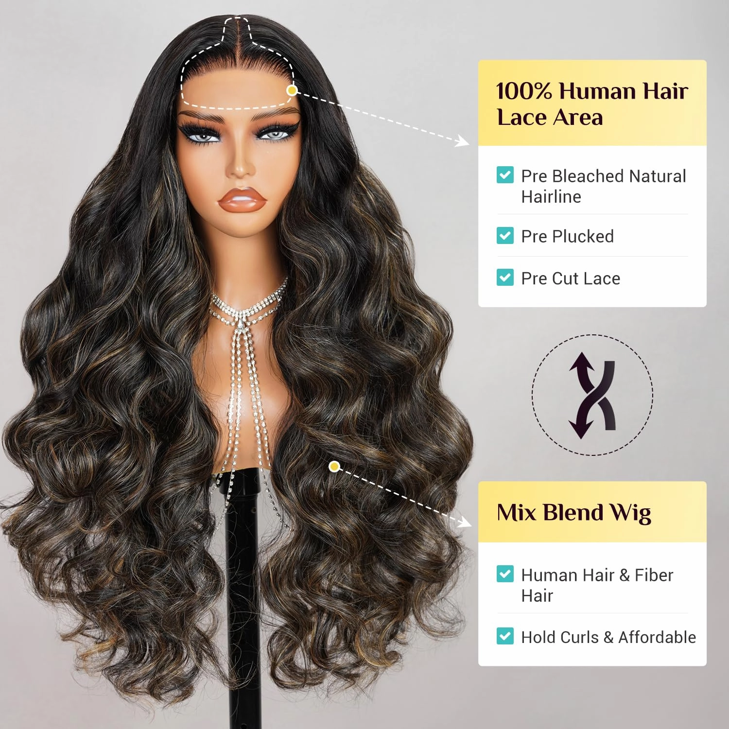 TESLAL Balayage 1B/27 Highlight Wear and Go Glueless Wig Pre Cut HD Lace 6X6 Lace Wig 28 Inch 260% Density Body Wave Human Hair Blend Premium Fiber Wigs By Crafted Technology