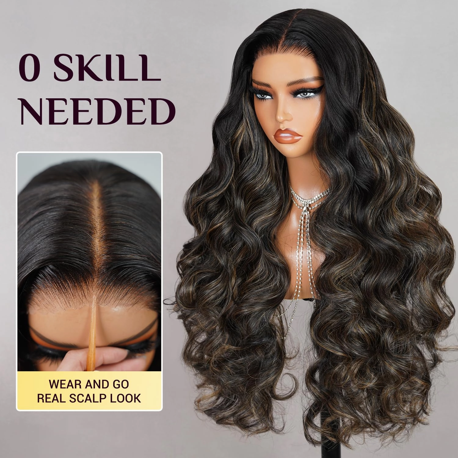 TESLAL Balayage 1B/27 Highlight Wear and Go Glueless Wig Pre Cut HD Lace 6X6 Lace Wig 28 Inch 260% Density Body Wave Human Hair Blend Premium Fiber Wigs By Crafted Technology