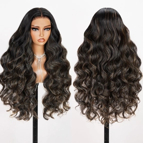 TESLAL Balayage 1B/27 Highlight Wear and Go Glueless Wig Pre Cut HD Lace 6X6 Lace Wig 28 Inch 260% Density Body Wave Human Hair Blend Premium Fiber Wigs By Crafted Technology
