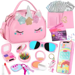 Toddler Girls Purse Toys Age 3-5 4-5 6-8, Kids Unicorn Play Purse Toys for Girls, Pretend Makeup Kit, Princess Pretend Play Girl Toys Easter Birthday Gifts for 3 4 5 6 7 8 Year Old Girl