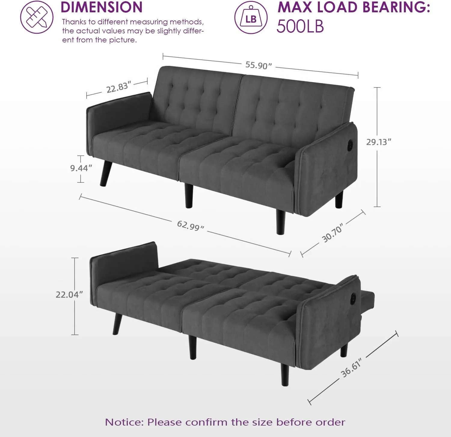 TYBOATLE 65“ Convertible Futon Sofa Bed w/ 2 USB, Upholstered Tufted Small Adjustable Folding Couch Loveseat, Modern Mid Century Sleeper Sofa for Living Room, Bedroom, Apartment, Office (Dark Grey)