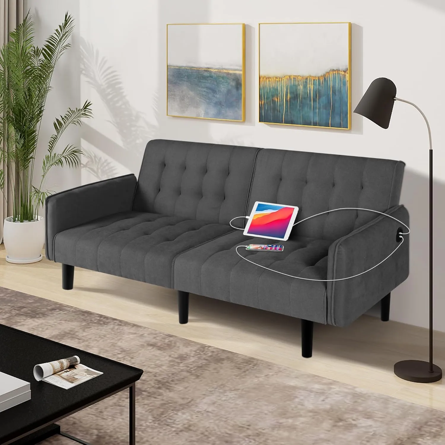 TYBOATLE 65“ Convertible Futon Sofa Bed w/ 2 USB, Upholstered Tufted Small Adjustable Folding Couch Loveseat, Modern Mid Century Sleeper Sofa for Living Room, Bedroom, Apartment, Office (Dark Grey)