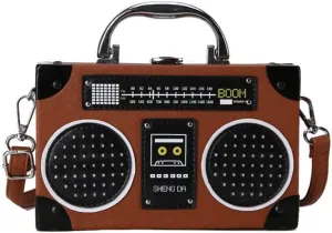 Unique Vintage Radio Shaped Cross-Body Bag Women Clip Clasp Shoulder Bag Handbag (brown)
