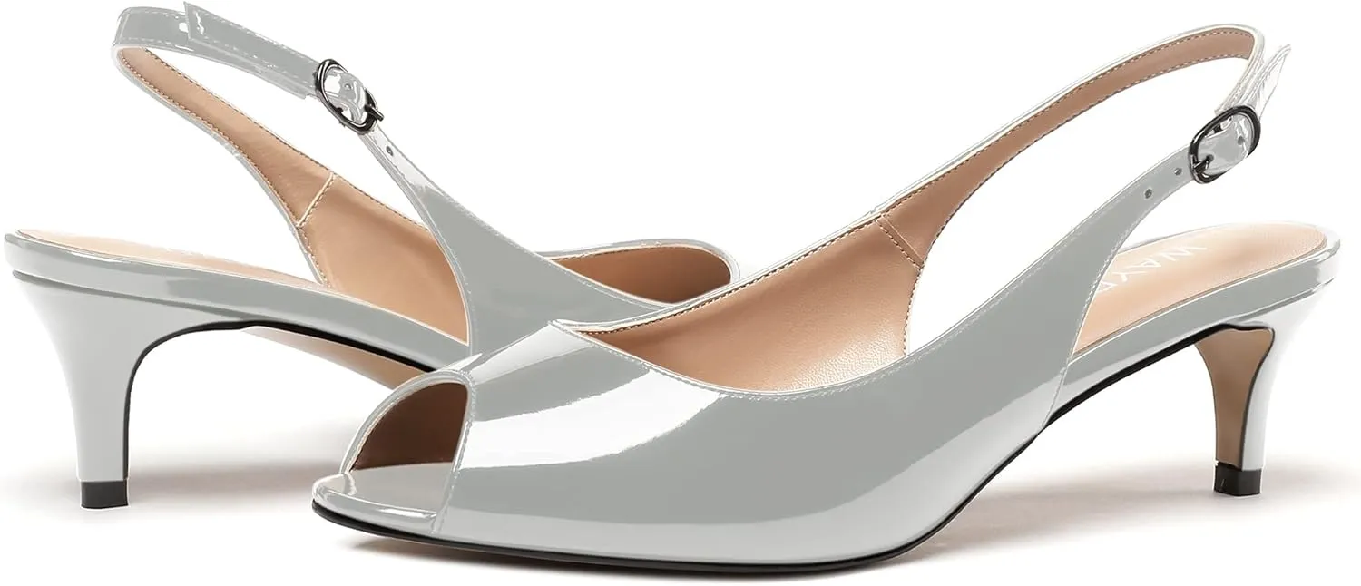 WAYDERNS Women's Peep Toe Patent Slingback Ankle Strap Kitten Low Heel Pumps Ladies Cute Dress Shoes 2 Inch
