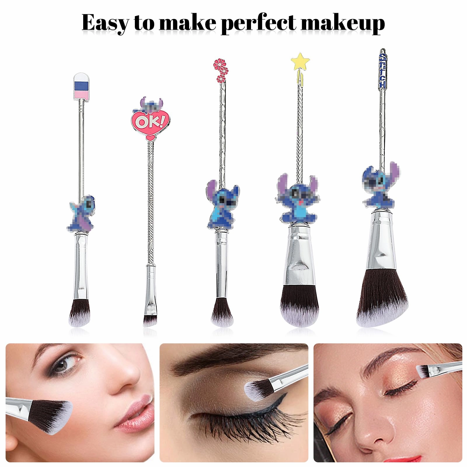 WeChip Anime Stich Make Up Brush Set Collection, Stich Gifts for Girls Women - 5pcs Blue