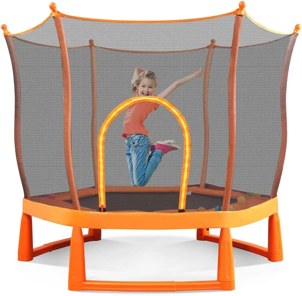 Welaso 6ft Kids Trampoline with Safety Net, 72" L x 72" W x 65" H, Indoor Outdoor, Orange Frame, High-Density Enclosure