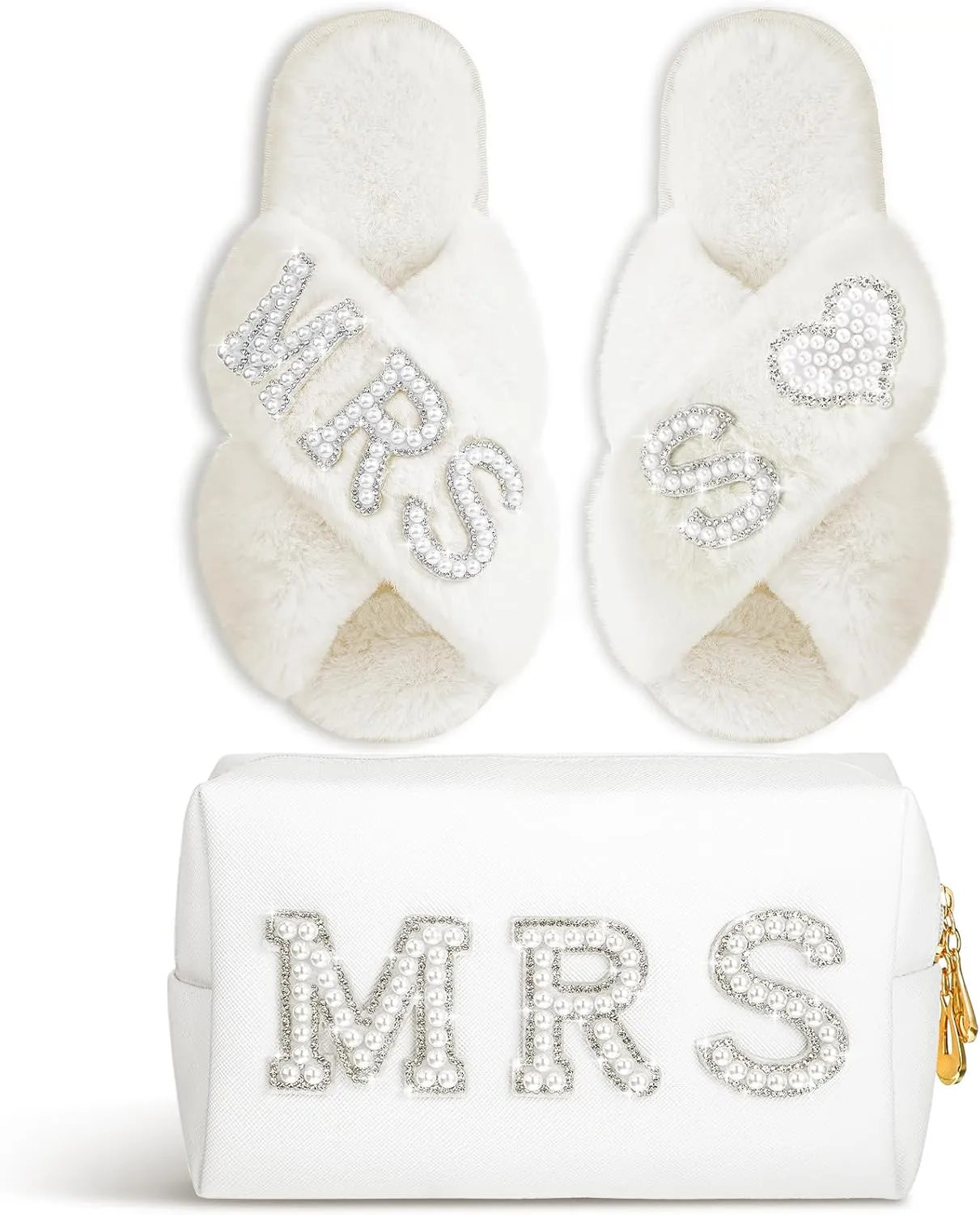 Xtinmee Personalized Initial Wedding Bride Slippers MRS Pearl Letter Makeup Bag Bridal Shower Gifts for Wedding Day (S)