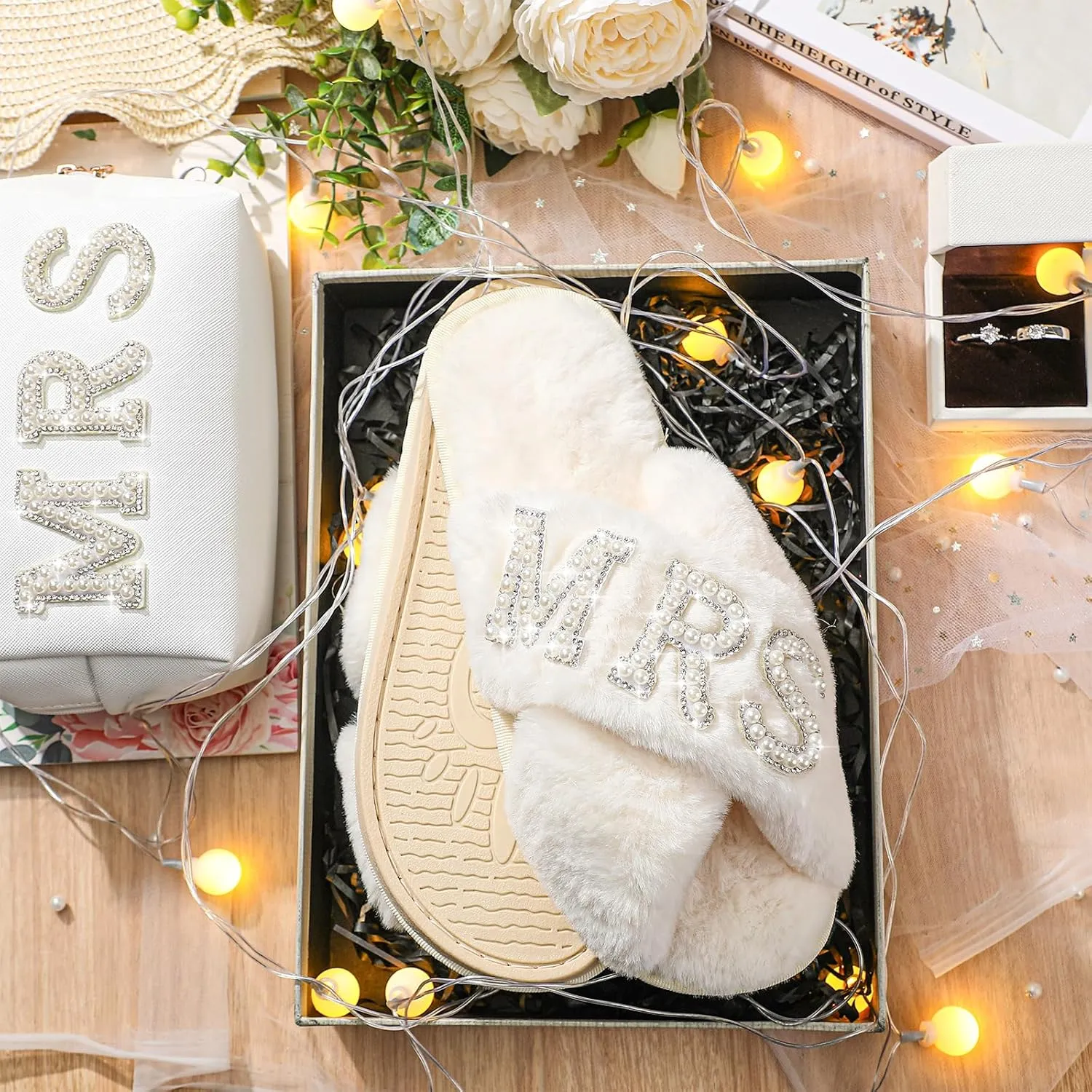 Xtinmee Personalized Initial Wedding Bride Slippers MRS Pearl Letter Makeup Bag Bridal Shower Gifts for Wedding Day (S)