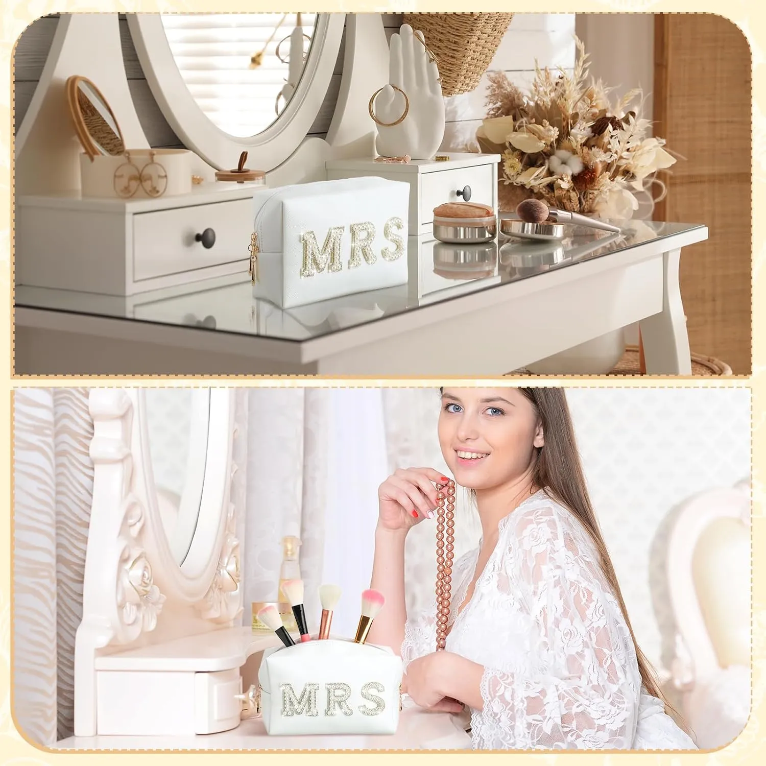 Xtinmee Personalized Initial Wedding Bride Slippers MRS Pearl Letter Makeup Bag Bridal Shower Gifts for Wedding Day (S)
