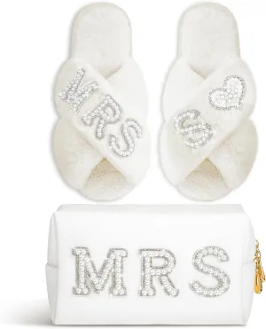 Xtinmee Personalized Initial Wedding Bride Slippers MRS Pearl Letter Makeup Bag Bridal Shower Gifts for Wedding Day (S)