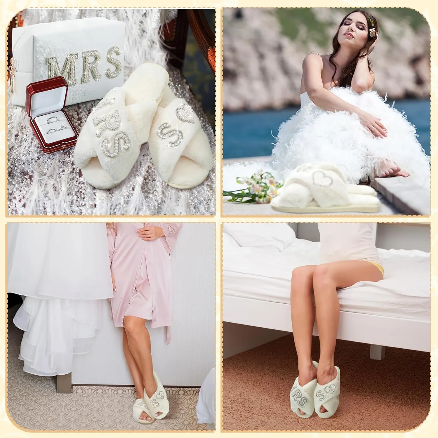 Xtinmee Personalized Initial Wedding Bride Slippers MRS Pearl Letter Makeup Bag Bridal Shower Gifts for Wedding Day (S)