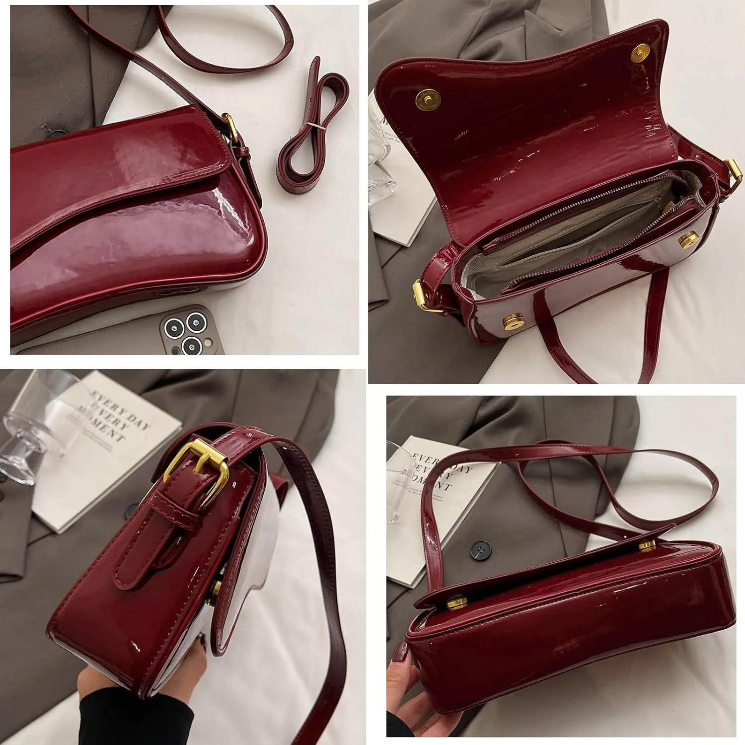 Y2K Shoulder Bag for Women - PU Leather Clutch Purse Handbag Tote With 2 Removable Straps - Crossbody
