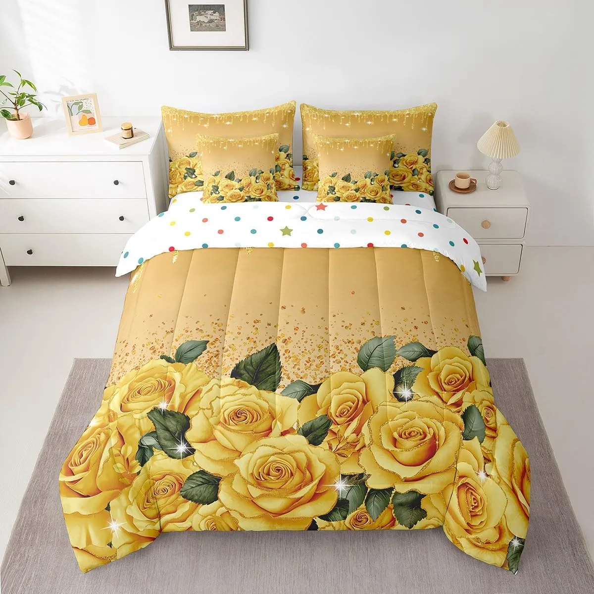 Yellow Rose 7 Piece Comforter Set Full Bed in a Bag,Diamond Crystal Fluid Art Bedding Set Abstract Ombre Sheet Set with Comforter Romantic Garden Flowers Bed Set,Boho Floral Bohemian Decor